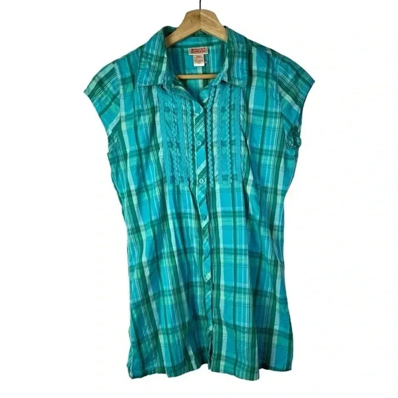 Mossimo Blue & Green Plaid Cap Sleeve Y2K Button Up Blouse XL - Picture 1 of 3